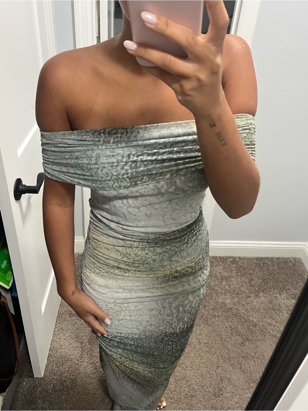 Off-Shoulder Bodycon Maxi Dress — Sage Green - Picture 2 of 6